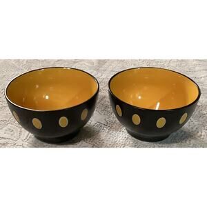 Set of 2 Century Stoneware ~ Black Yellow Polka Dot ~ Ceramic Bowls